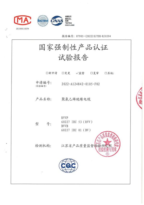 BVVB 2×2.5國家強(qiáng)制性產(chǎn)品認(rèn)證試驗(yàn)報告（2022）
