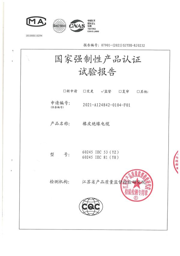 YZ 3×1.5國家強(qiáng)制性產(chǎn)品認(rèn)證試驗(yàn)報告